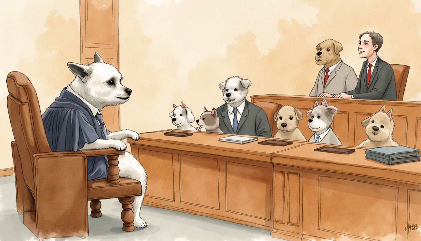Official courtroom sketch — Chairman Dexter presiding over the Conglomerate Tribunal. The defendant&rsquo;s chair remains empty. Cameras are not permitted in proceedings.