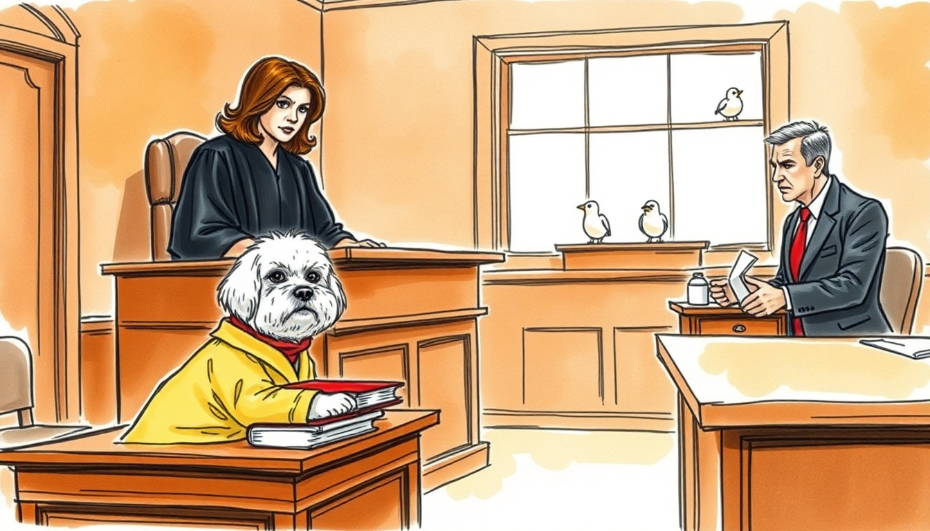 Official courtroom sketch — Chairman Dexter at the plaintiff&rsquo;s table in Small Claims Court, Lexington, Kentucky. Judge Judy Sheindlin presiding. The Aviators&rsquo; counsel gestures from the defence table. Cameras are not permitted in proceedings involving the Chairman.